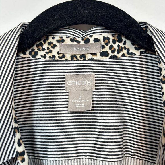 Chicos Black & White Striped Blouse with leopard detailing Size 3 - Picture 3 of 9